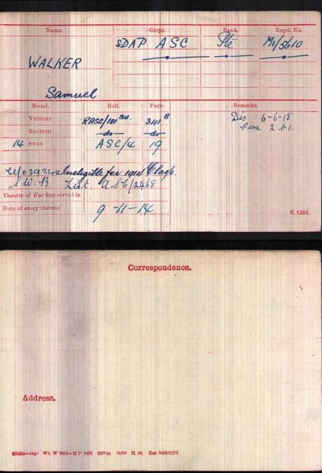 1914 Star. Samuel Walker. 8th DAP, Division Ammunition Park. Lived Shepherds Bush. Wounded 23rd October, Passchendaele. - Image 4