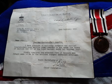 Bootle Special Constabulary Medal & certificate. John F Robinson. 1936 Crosby, Liverpool.