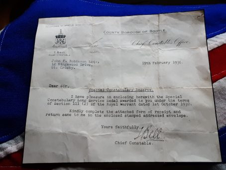 Bootle Special Constabulary Medal & certificate. John F Robinson. 1936 Crosby, Liverpool. - Image 5