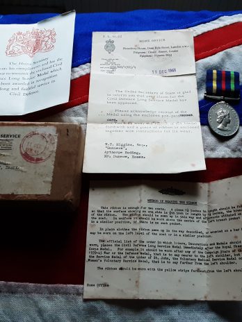 Civil Defence Medal. WT Higgins. Aythorpe Roding. Dunmow, Essex