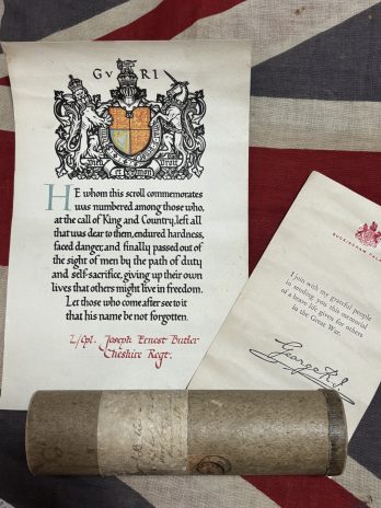 WWI Memorial Scroll with Buckingham Palace letter and postage tube. Wybunbury, Cheshire.