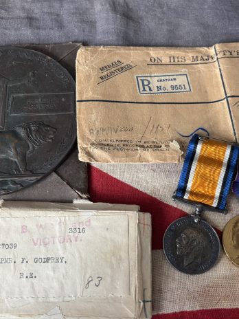 Casualty WWI Pair with plaque. Godfrey. Royal Engineers. Surbiton, Surrey.