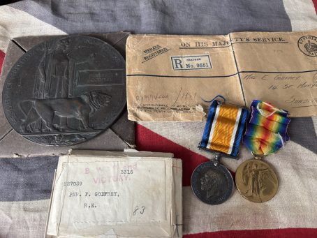 Casualty WWI Pair with plaque. Godfrey. Royal Engineers. Surbiton, Surrey.