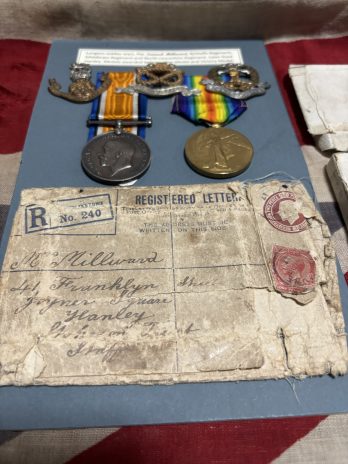 WWI Pair with cap badges. Millward. North Staffordshire Regiment. Fenton, Staffordshire.