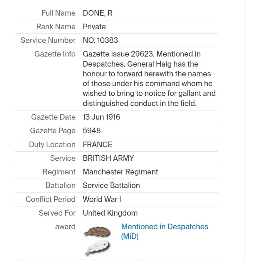 Victory Medal. Gallantry MID. Robert Done. 18th Manchester 3rd City Battallion. 40% Discharged Wounds. Hulme, Lancs - Image 5