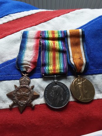 1915 Trio . A Sjt George H H Hobbs 13th Ches .Wirral Pals . Wounded Orvillers 7/7/16. Born Windsor.