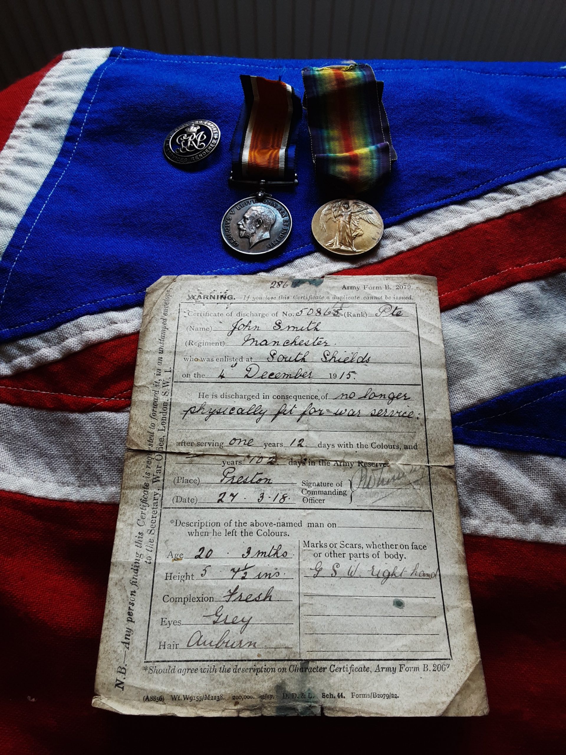 WWI Pair & SWBN. Jacob Smith. 3rd Manchester Regiment. South Shields, Durham. Wounded - Image 2