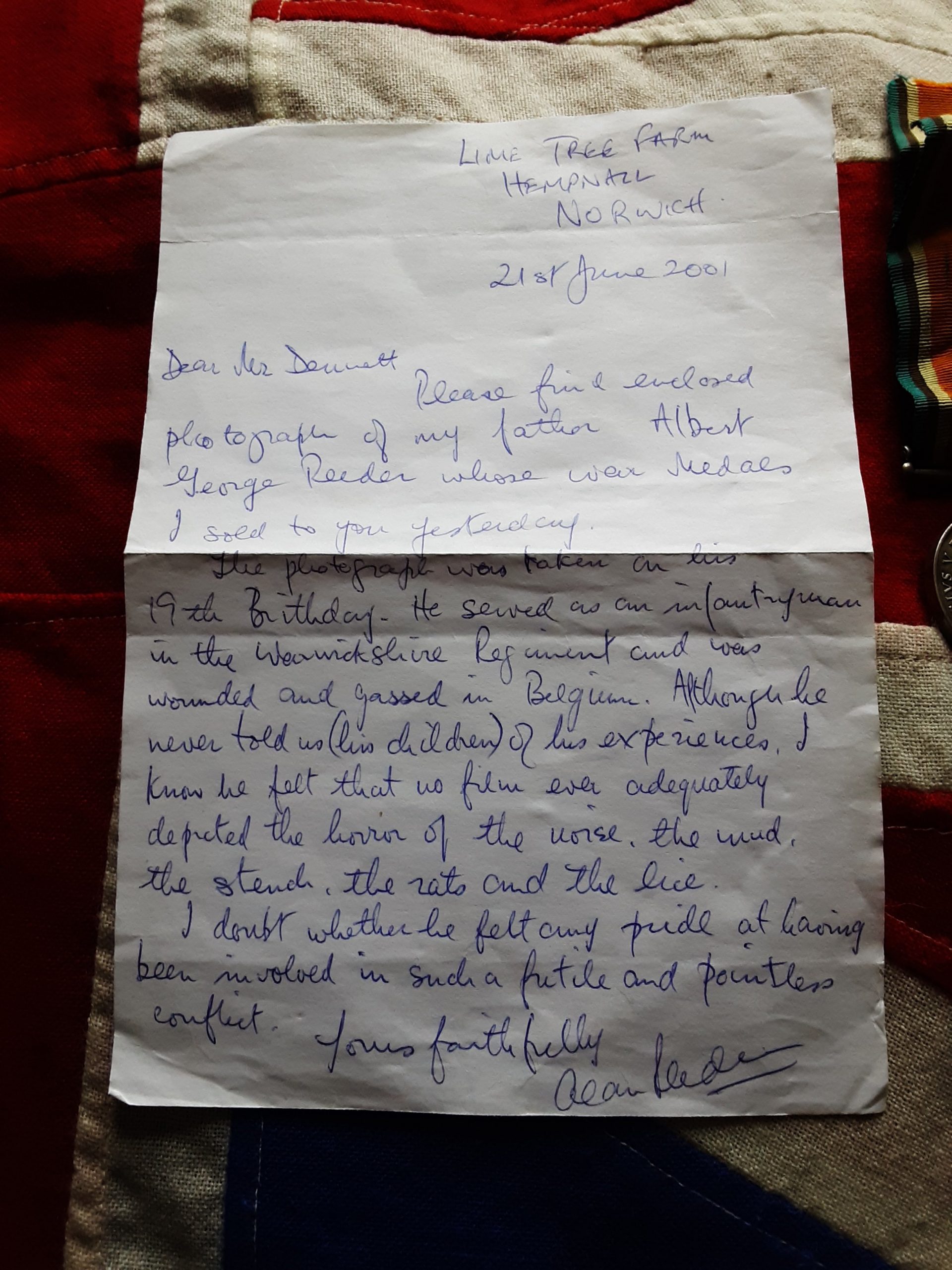 WWI Pair & photo. Albert George Reeder. Warwickshire Regiment. Wounded & gassed. Norwich, Norfolk - Image 4