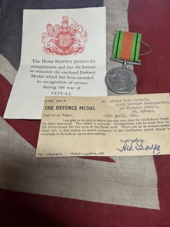 WWII Defence Medal with papers. T Jones, ARP controller, St Albans.