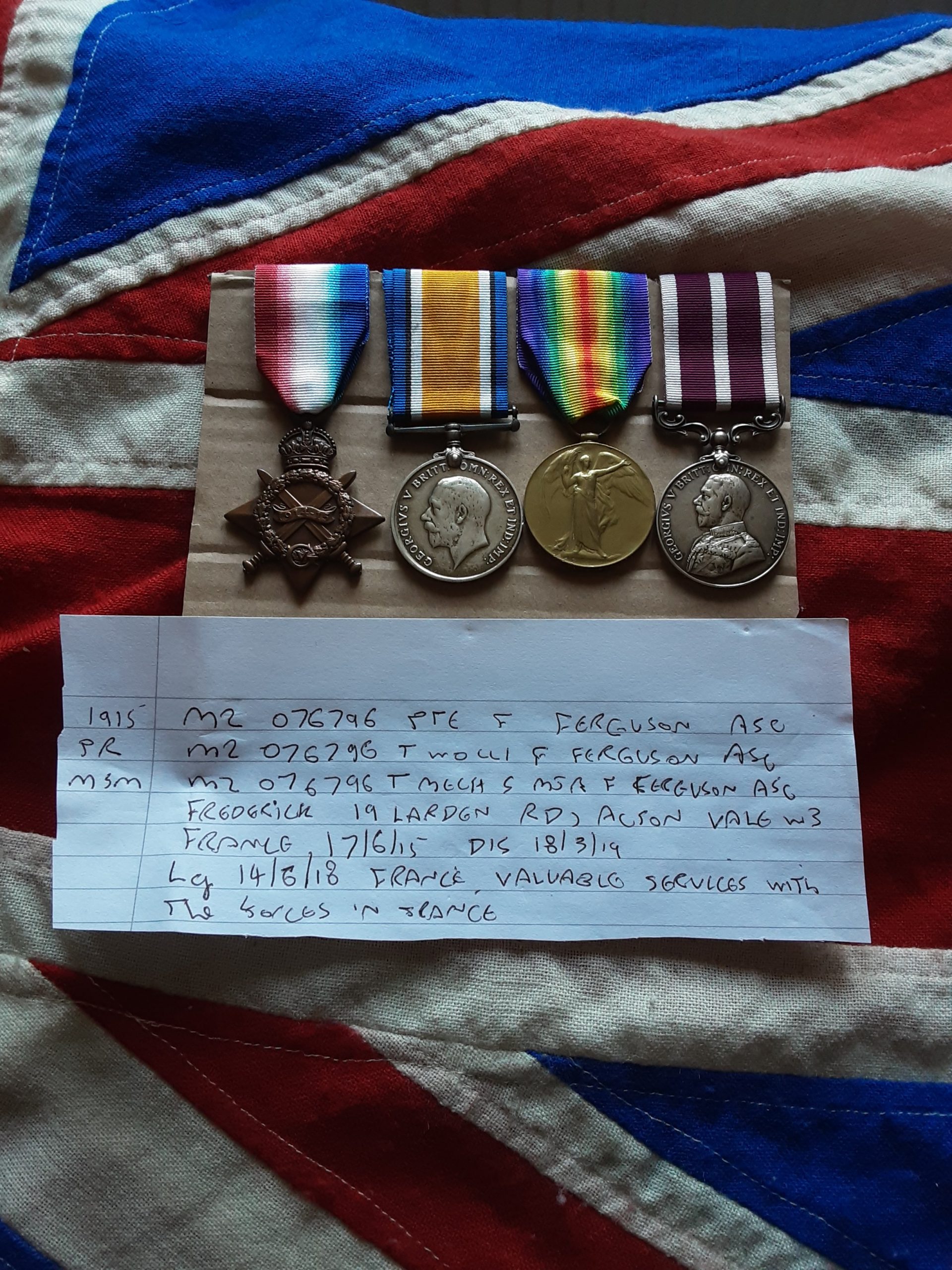 WWI group. Meritorious service. Mech S/Mjr Frederick Ferguson. ASC. Acton Vale. Born 1869.