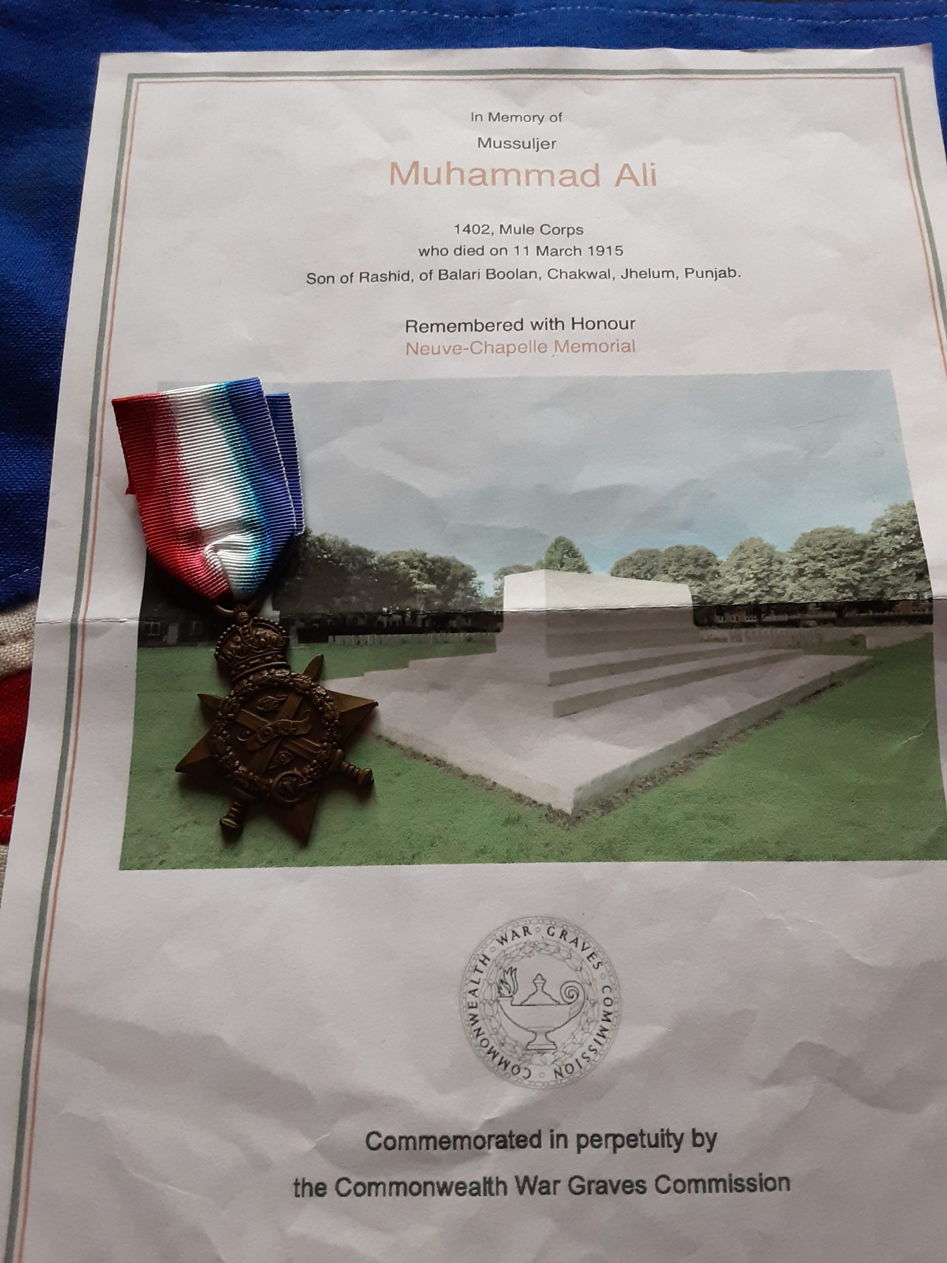 1914 Star. Neuve Chapelle casualty. 9th Mule Corps. Jhelum Punjab. Muhammed Ali - Image 3