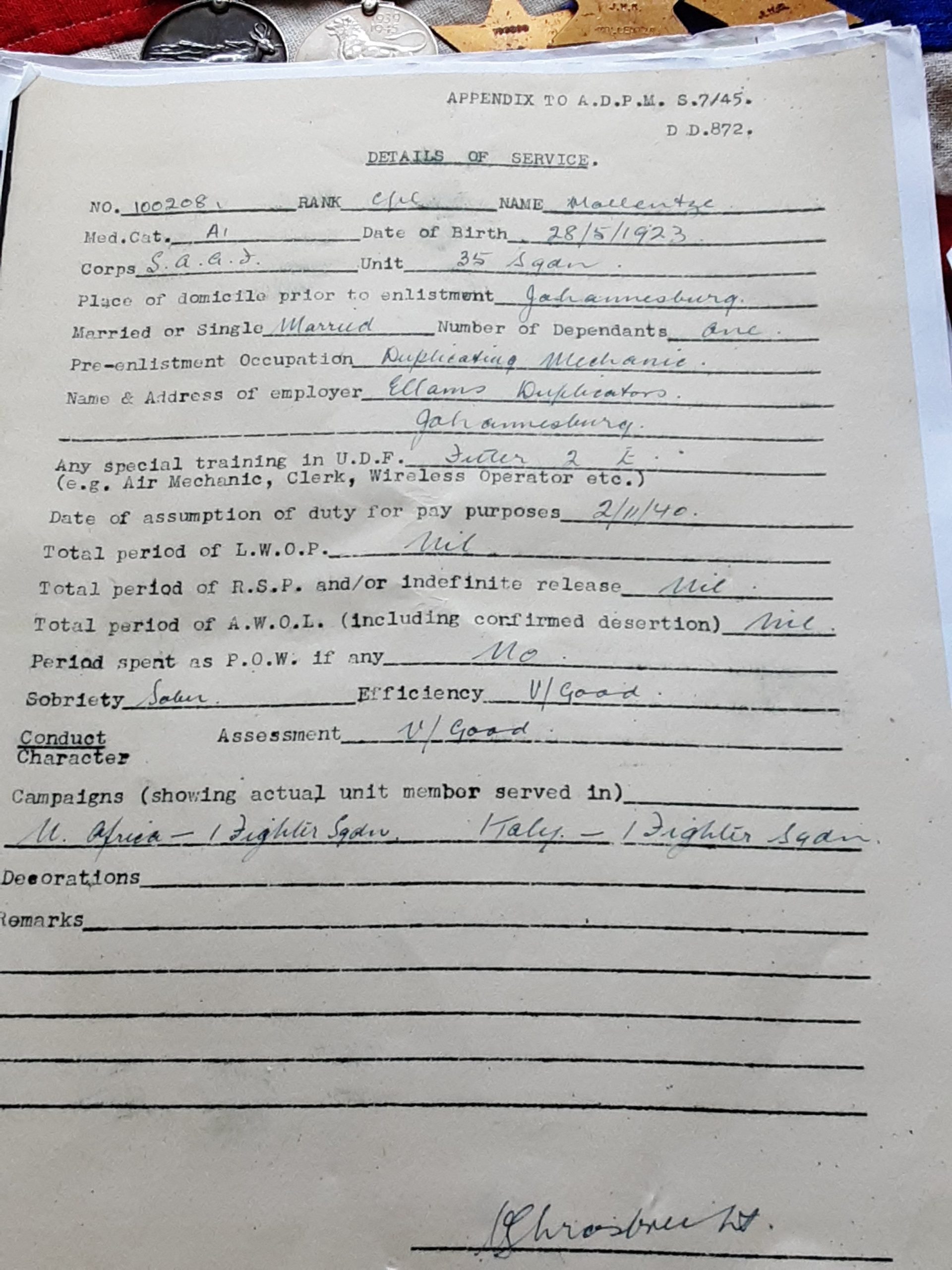 WWII South African Airforce group. Cpl John William Keith Mollentze. 35 Squadron. Born Queenstown. - Image 5