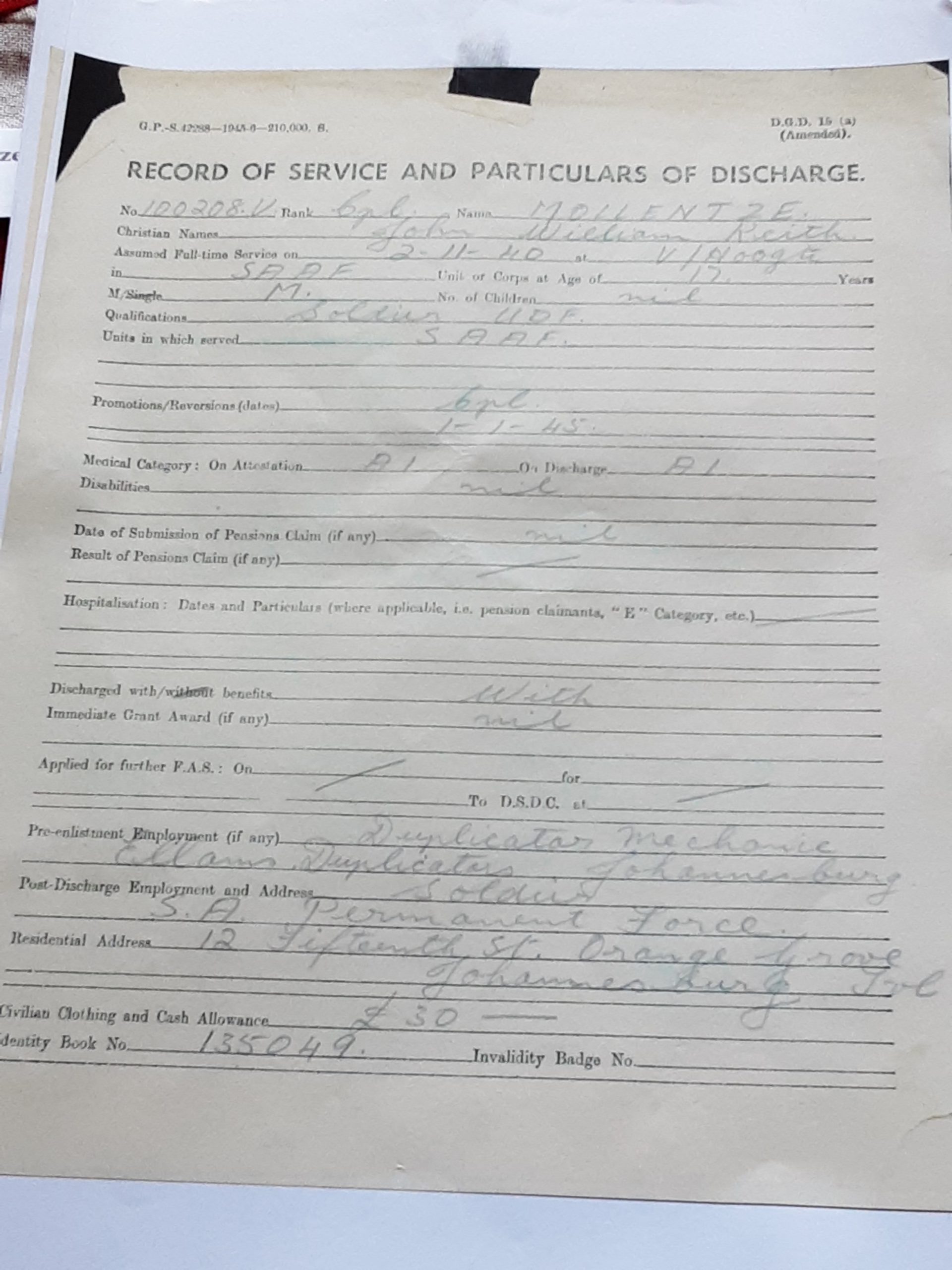 WWII South African Airforce group. Cpl John William Keith Mollentze. 35 Squadron. Born Queenstown. - Image 6