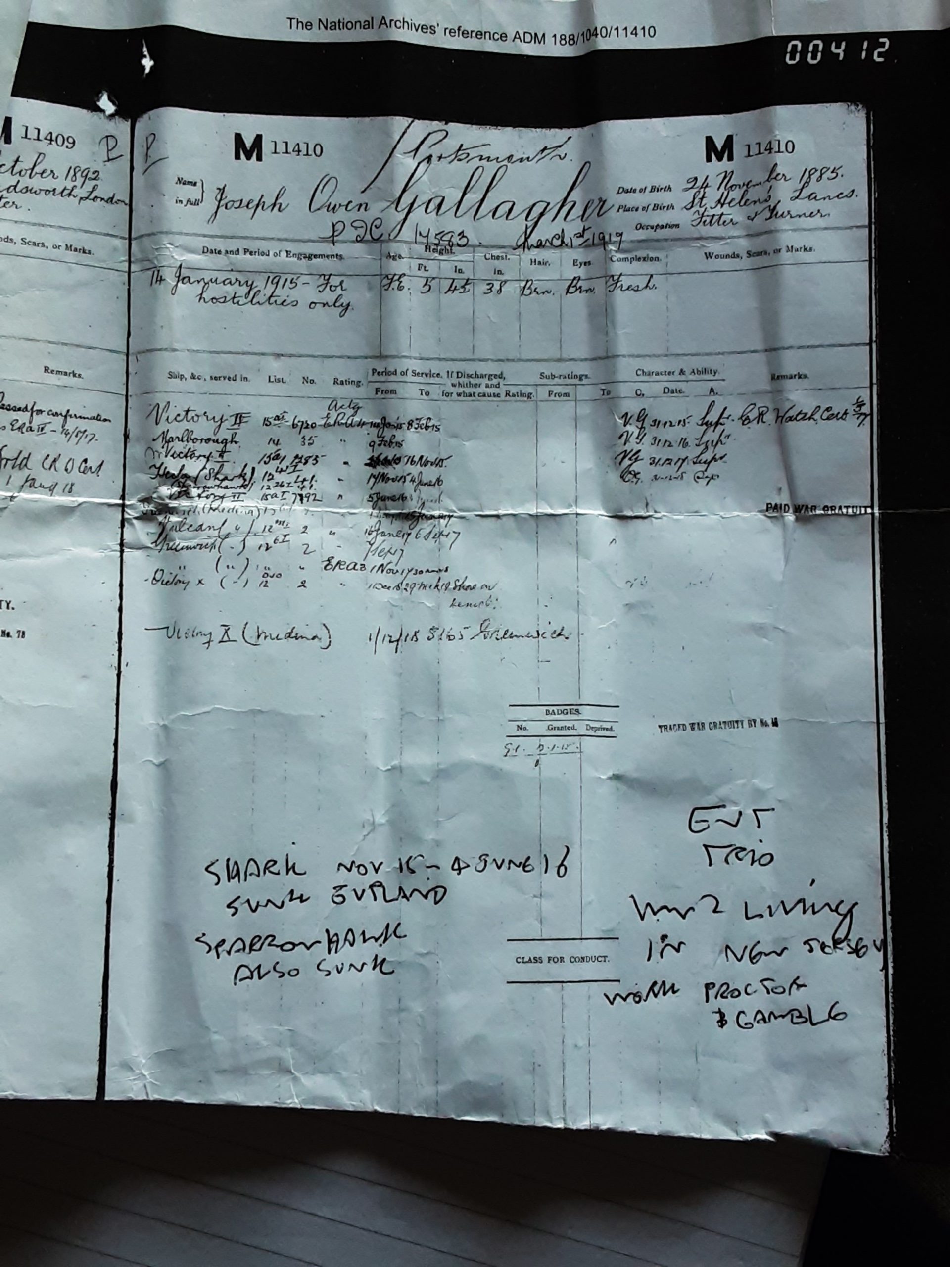Ww1 Bwm . Joseph O Gallagher. Hms Shark .Sunk Jutland .Royal Navy . St Helens. USA Ww2. - Image 4