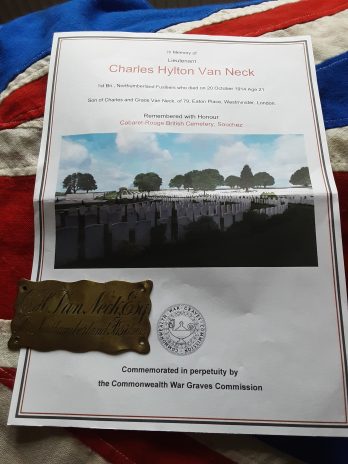 Brass Plaque 1914 Kia Sniper. Lieutenant Charles Hylton Van Neck 1st Northumberland Fus .Harrow.
