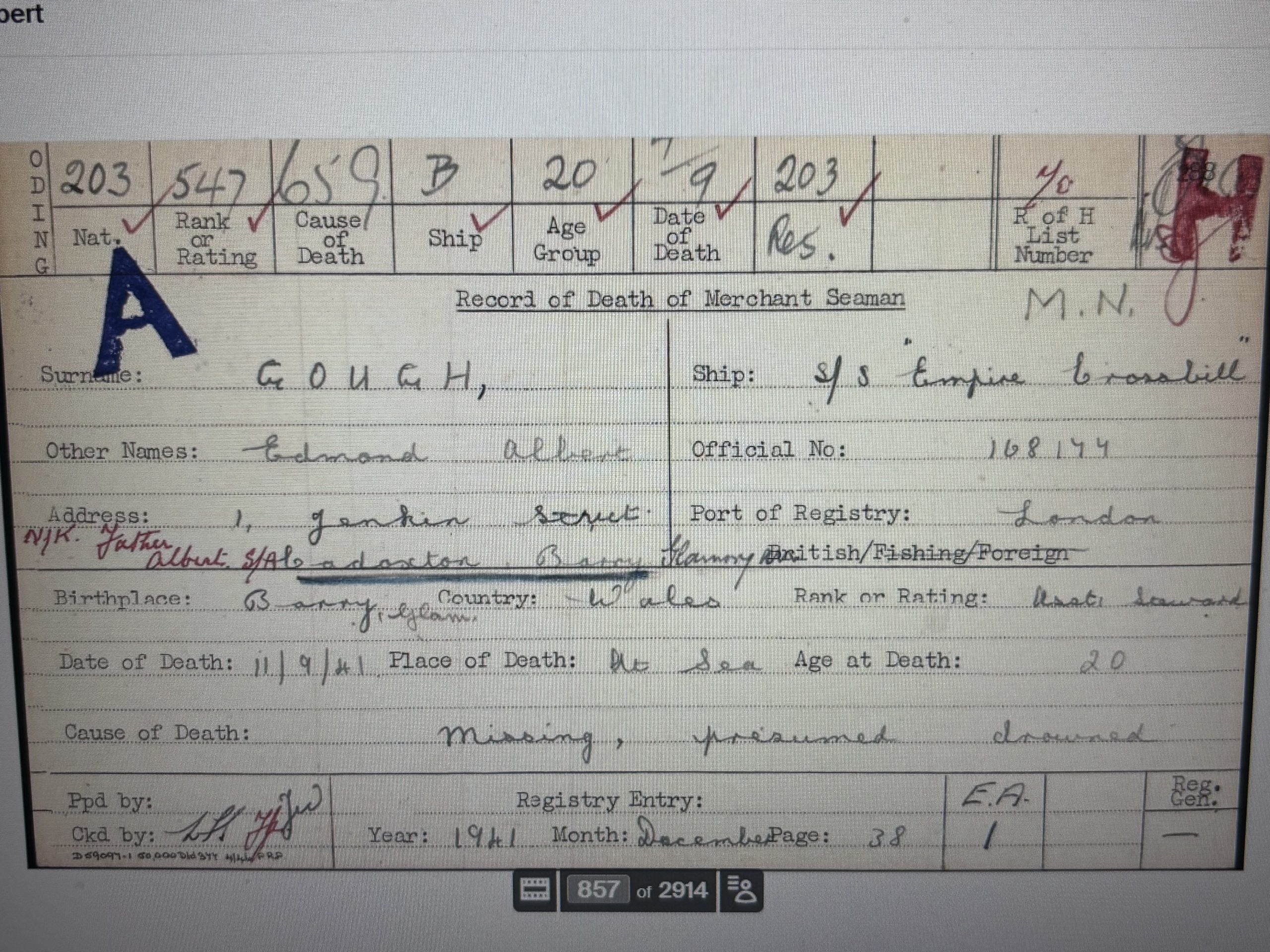 WWII Merchant Navy casualty. Gough. Cadoxton, Barry. Killed by Uboat 1941. - Image 5