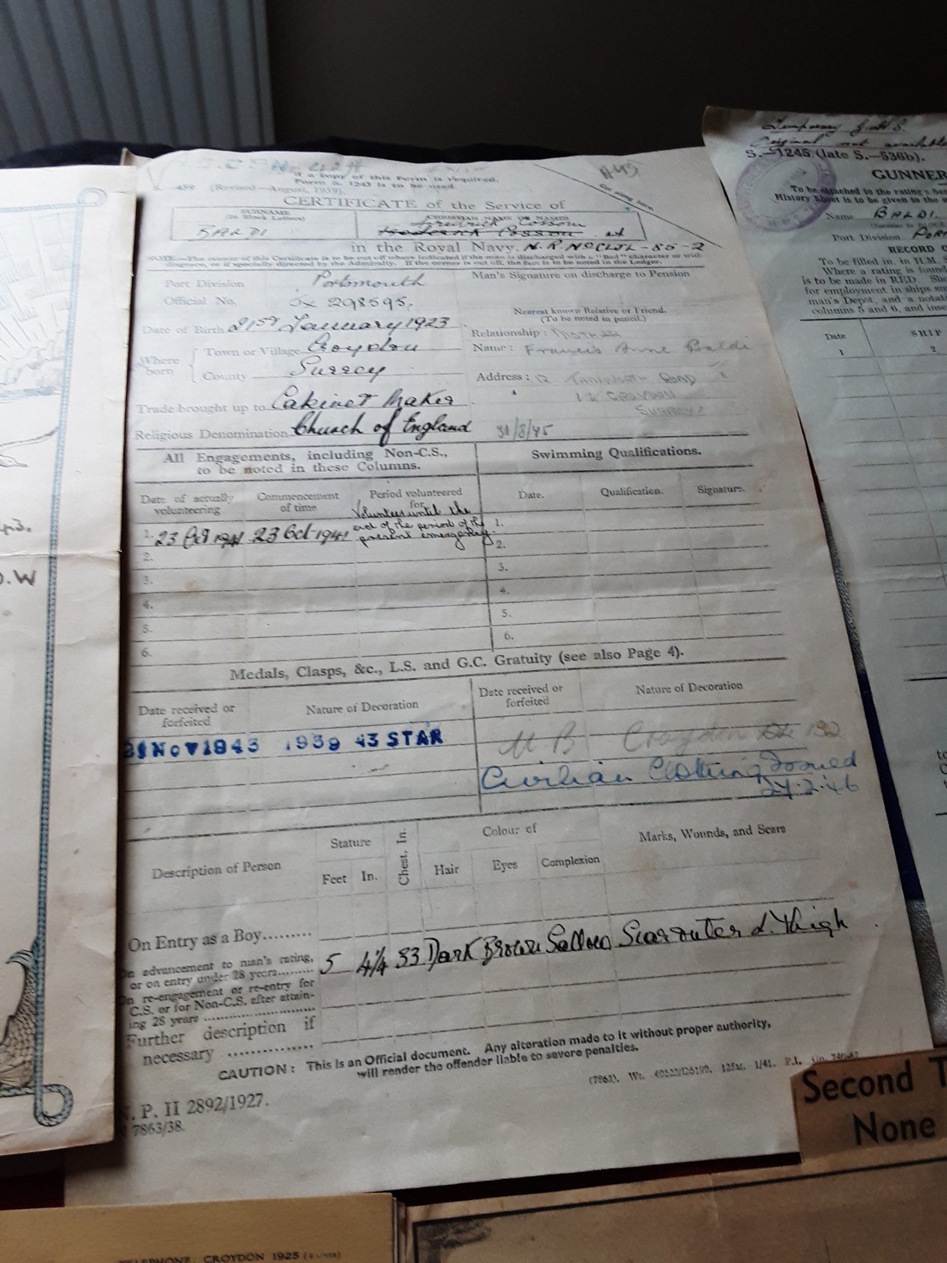 WWII medals & ephemera. Frederick Cosson Baldi. HMS Howe. Operation Husky. Croydon. Royal Navy - Image 6