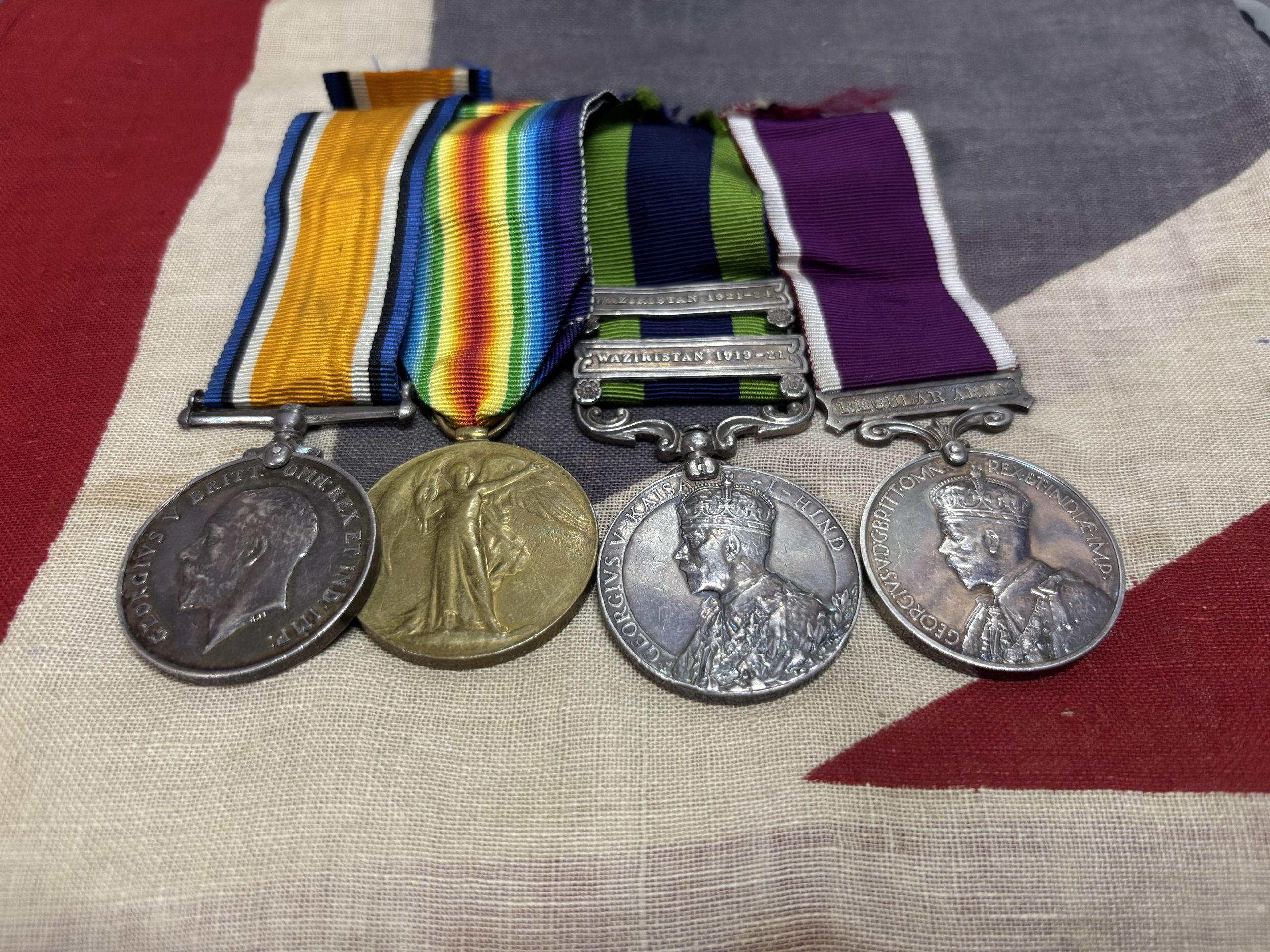 WWI Pair with 2 clasp India General Service Medal and Regular Army LSGC grouping of 4. Dunne. Royal Artillery.