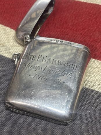 WWI era silver Vesta case. Garwood. KSLI, Denbigh Yeomanry and Royal Welsh Fusiliers. Walkden, Manchester.