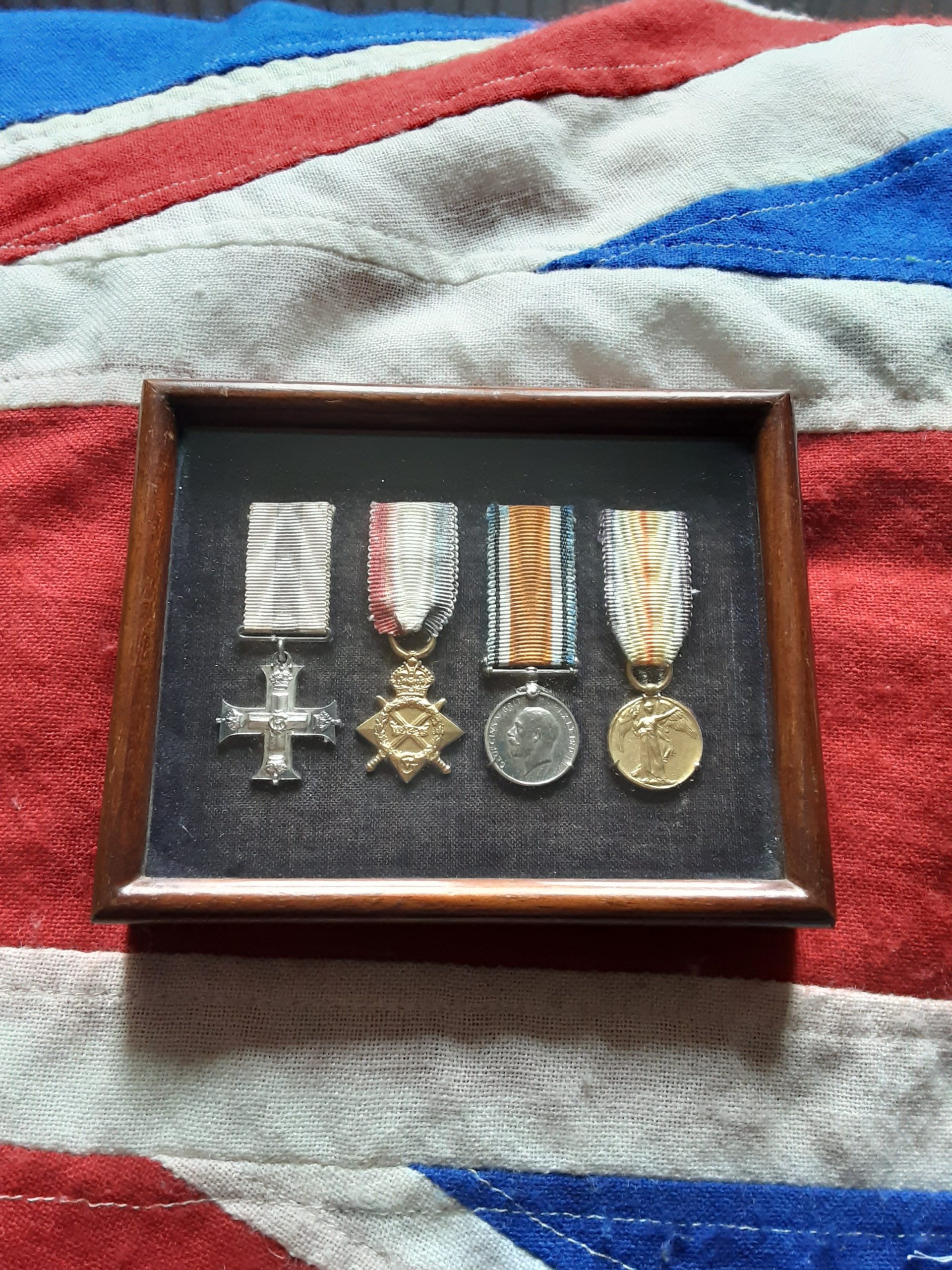Spink & Son period miniature framed WWI officers gallantry group. MC & 1915 Trio.