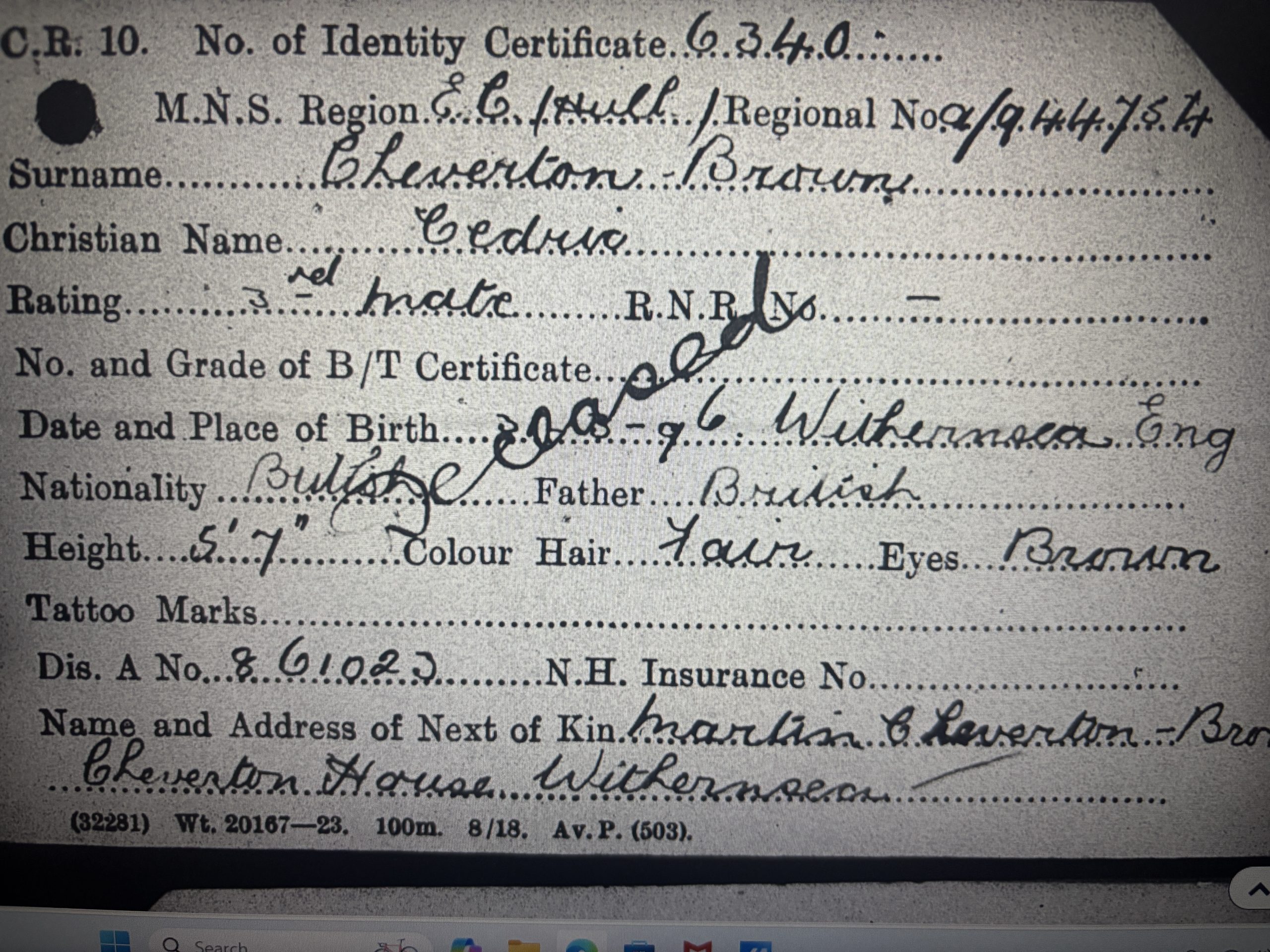 WWI Merchant Navy BWM. 3rd Mate Cheverton Brown. Withernsea. Later Master. - Image 6