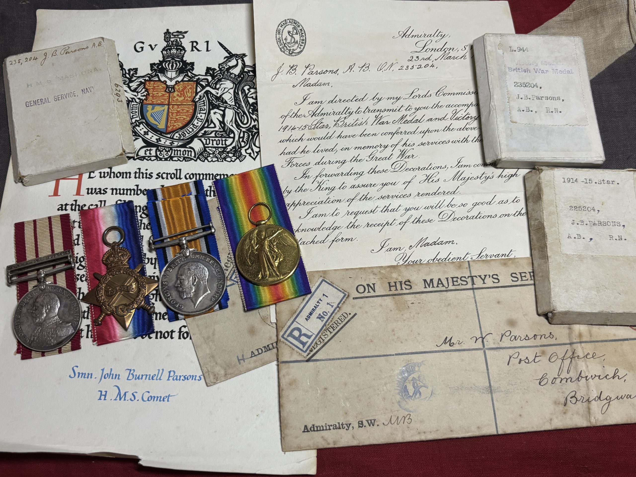 Pre WWI Palestine NGSM with 1915 Star Trio. Parsons. Died of disease. Otterhampton, Somerset. HMS Comet.