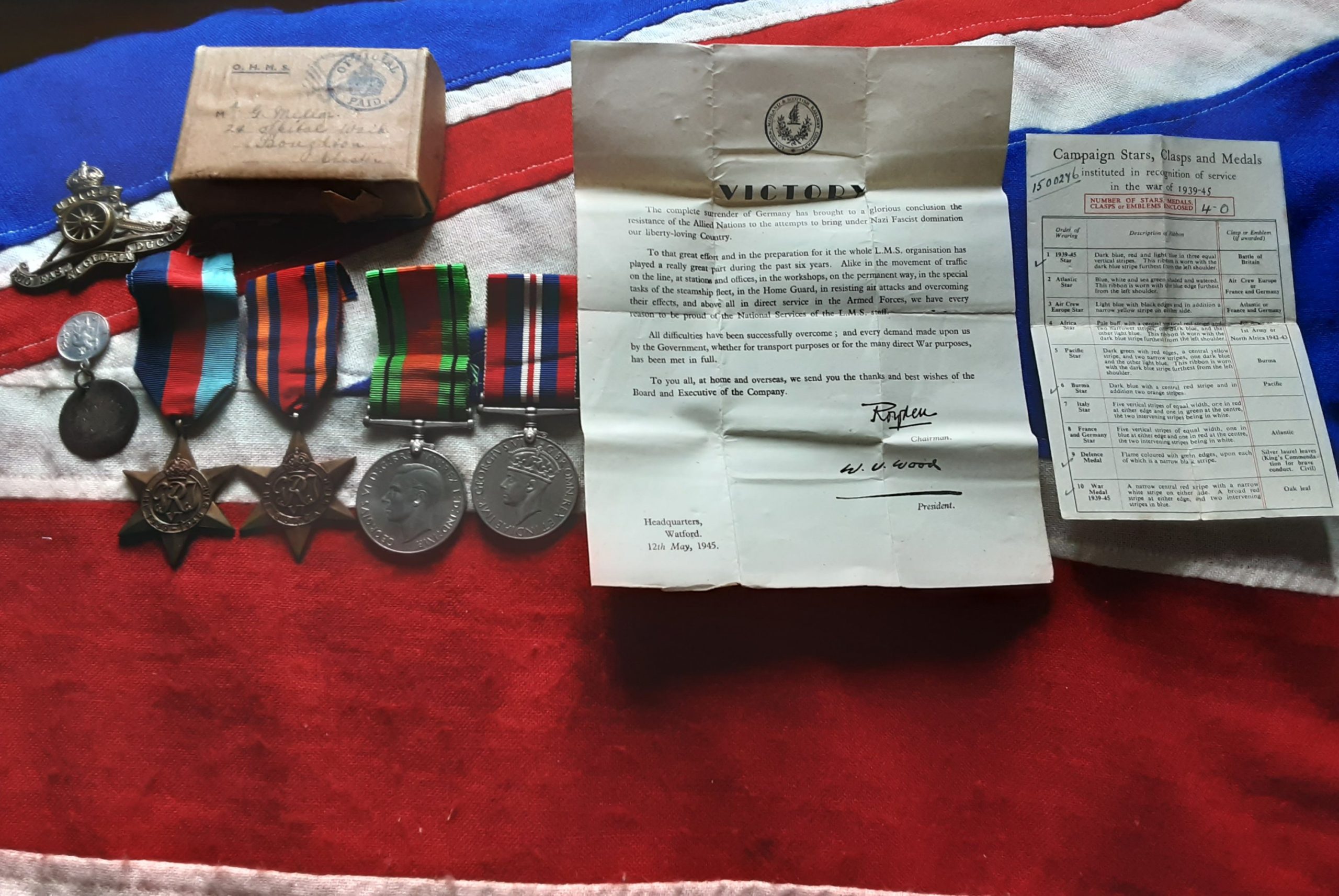 WWII Burma grouping. George Mellor. 85 med Regiment RA. Rare LMS Railway letter. Broughton, Chester