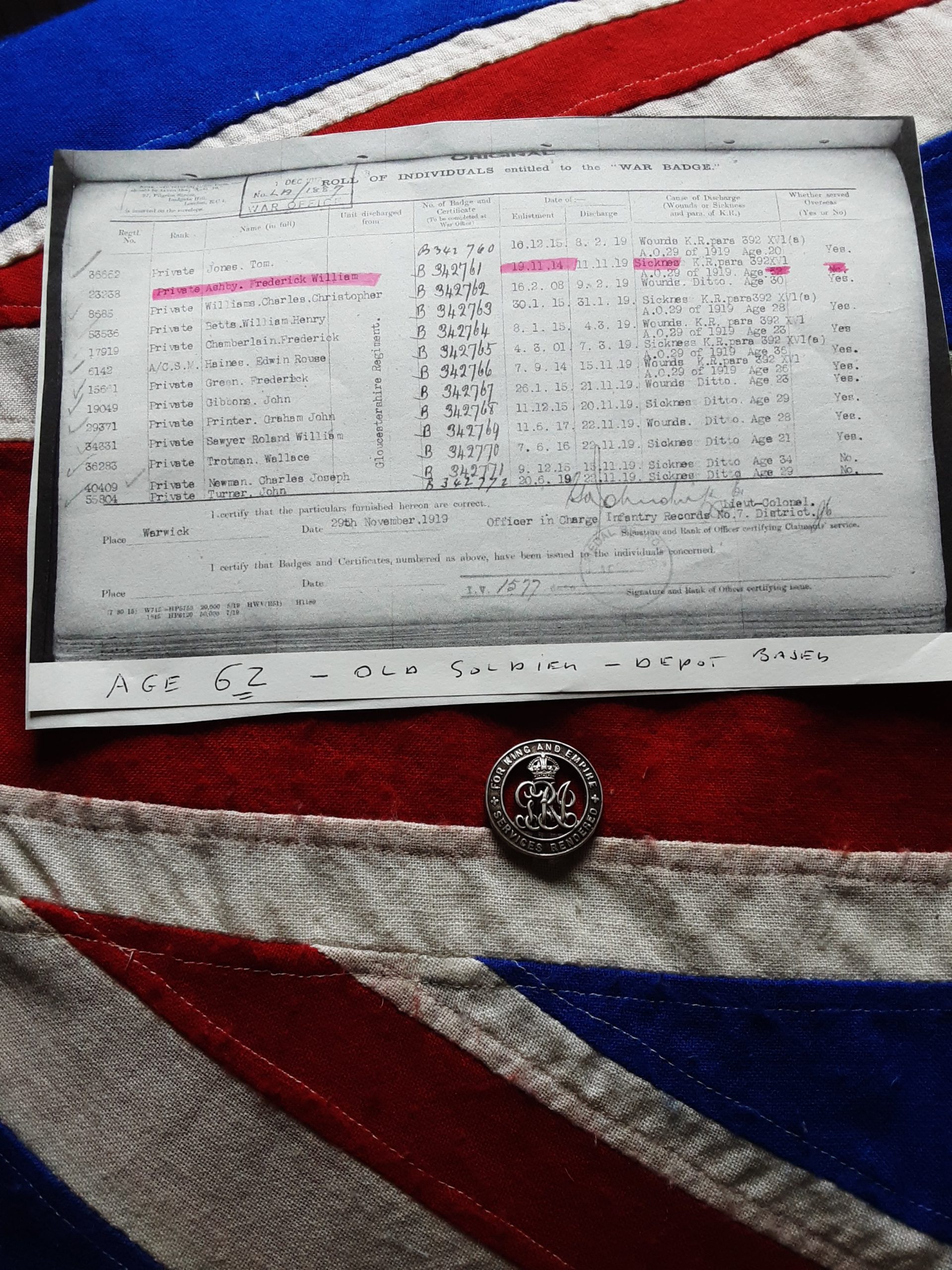 SWB. Fred William Ashby. Zulu War Veteran. Aged 62. Gloucestershire Regiment. Tonbridge.