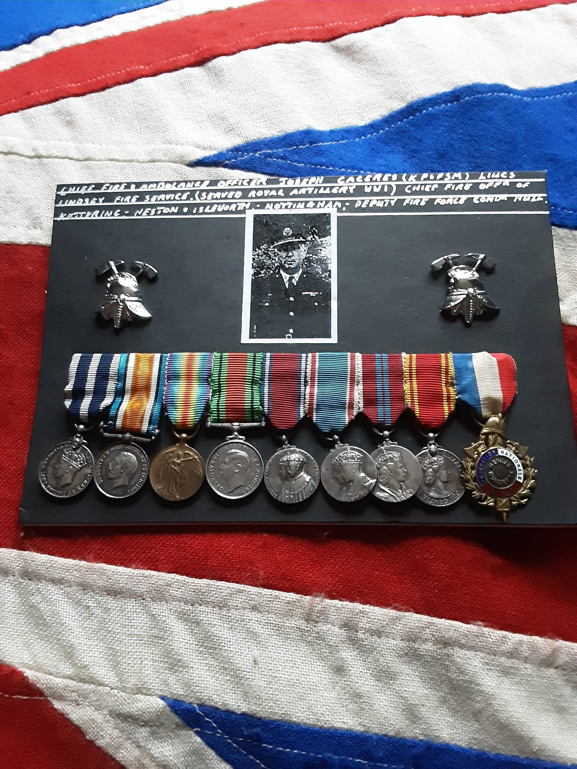 Attributed miniature group. RGA. WWI. Chief Fire Officer Joseph Caceres. KP & FSM.