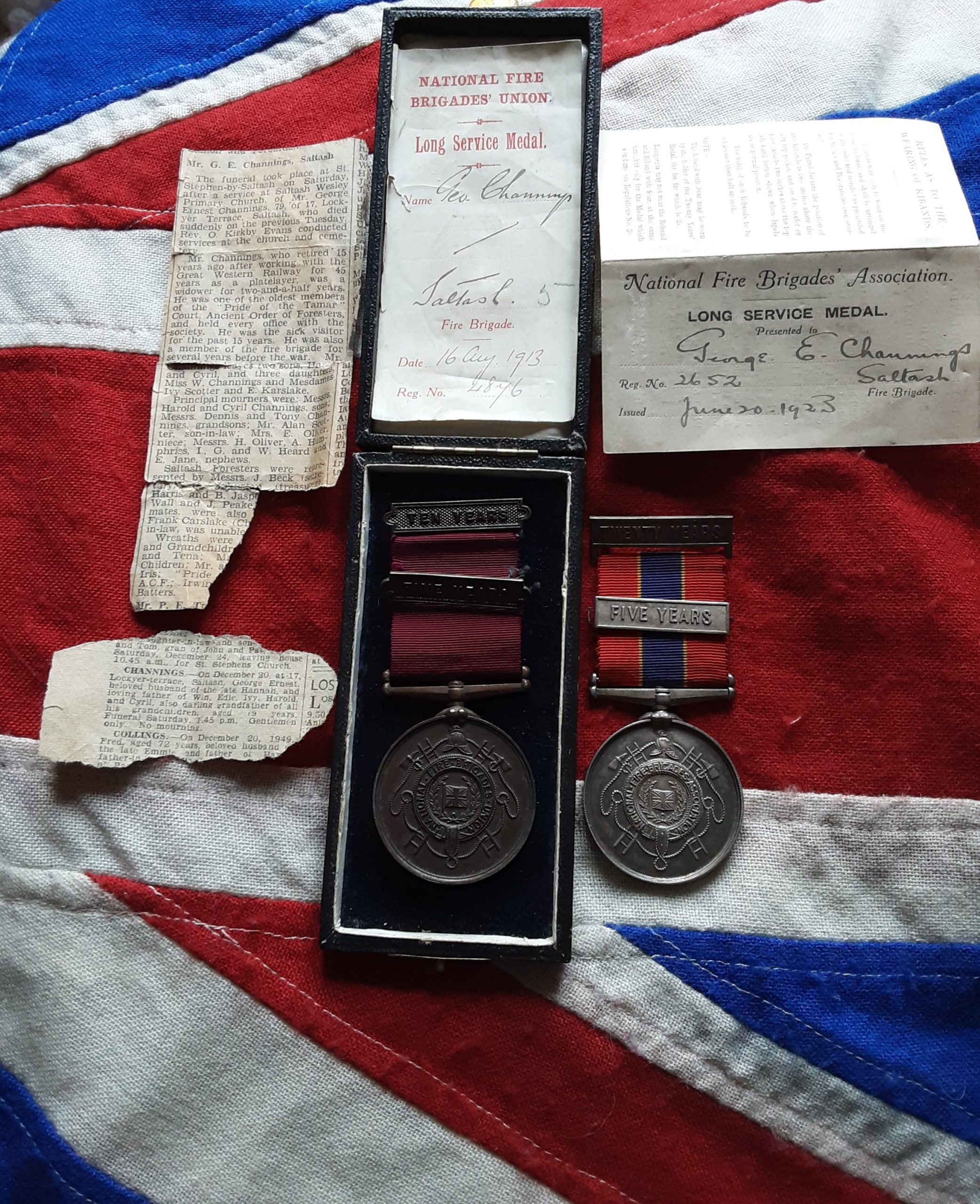 Saltash Cornwall . Fire Brigade Medals . George Ernest Channings .