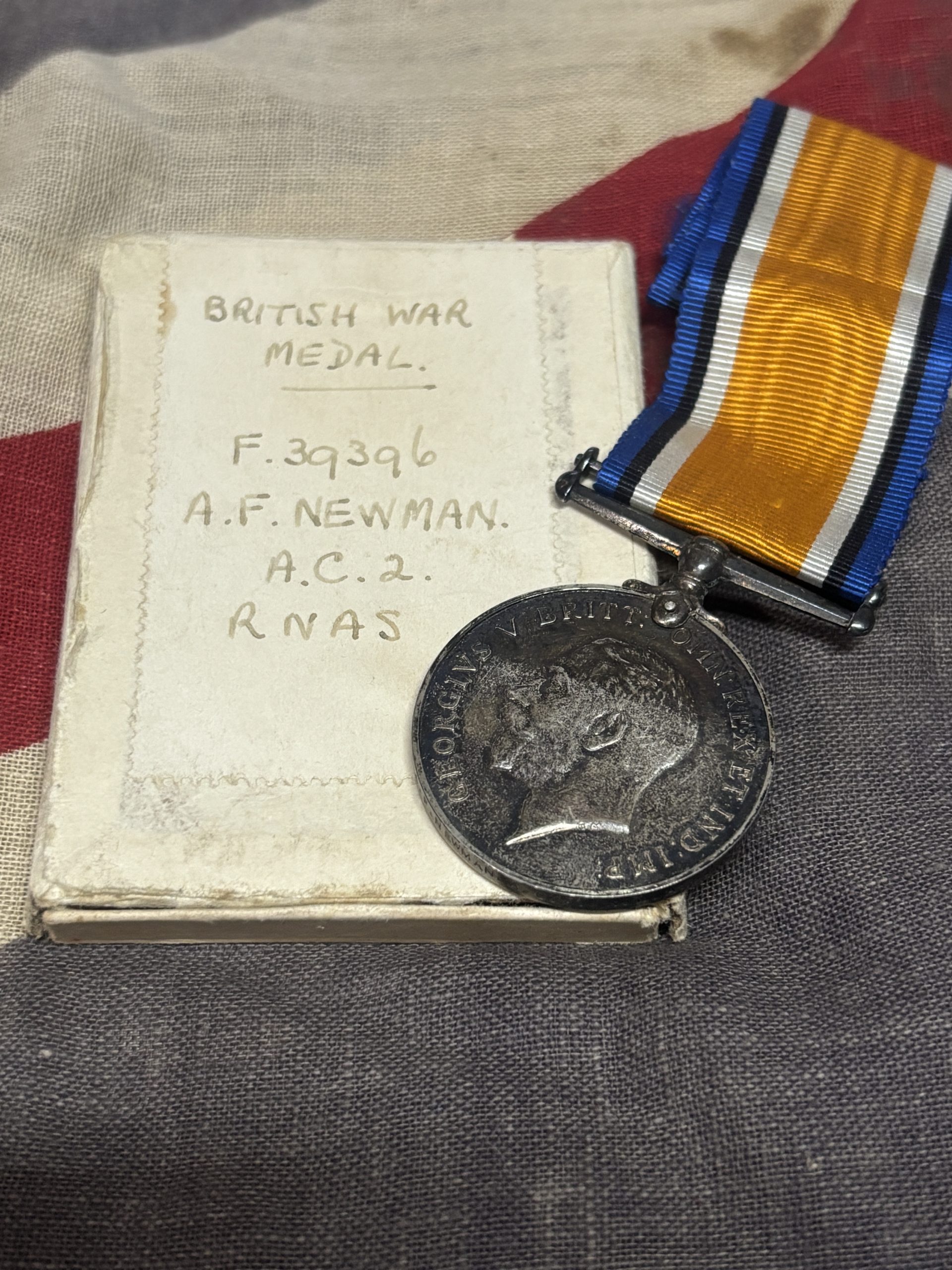 Sole issue boxed WWI BWM. Newman. RNAS. Born Reading, moved to Bridgend, South Wales.