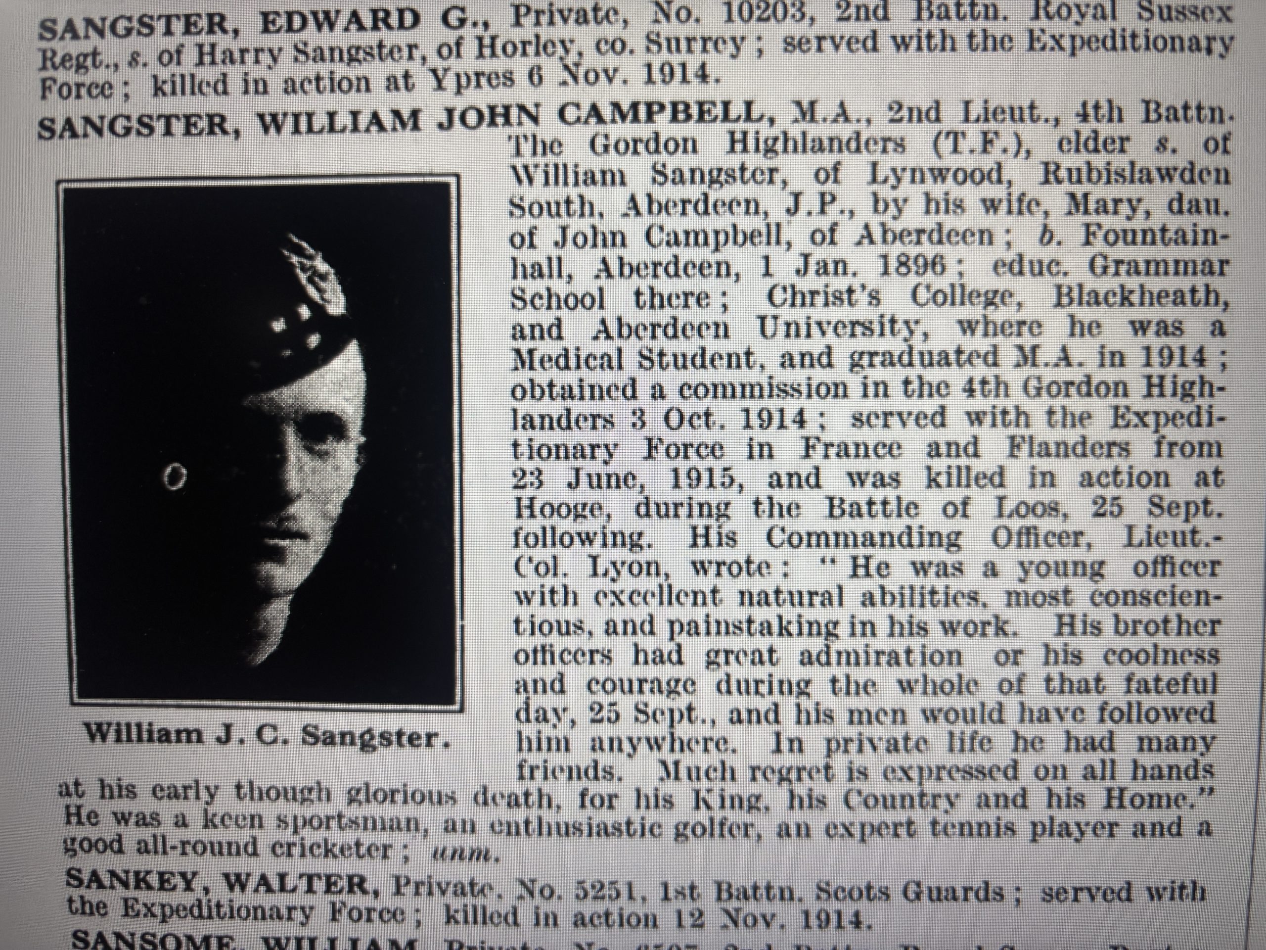 Officer KIA 1915 Star. Sangster. Aberdeen. 4th Gordon Highlanders. Killed day 1 Battle of Loos. Menin Gate Memorial. - Image 2