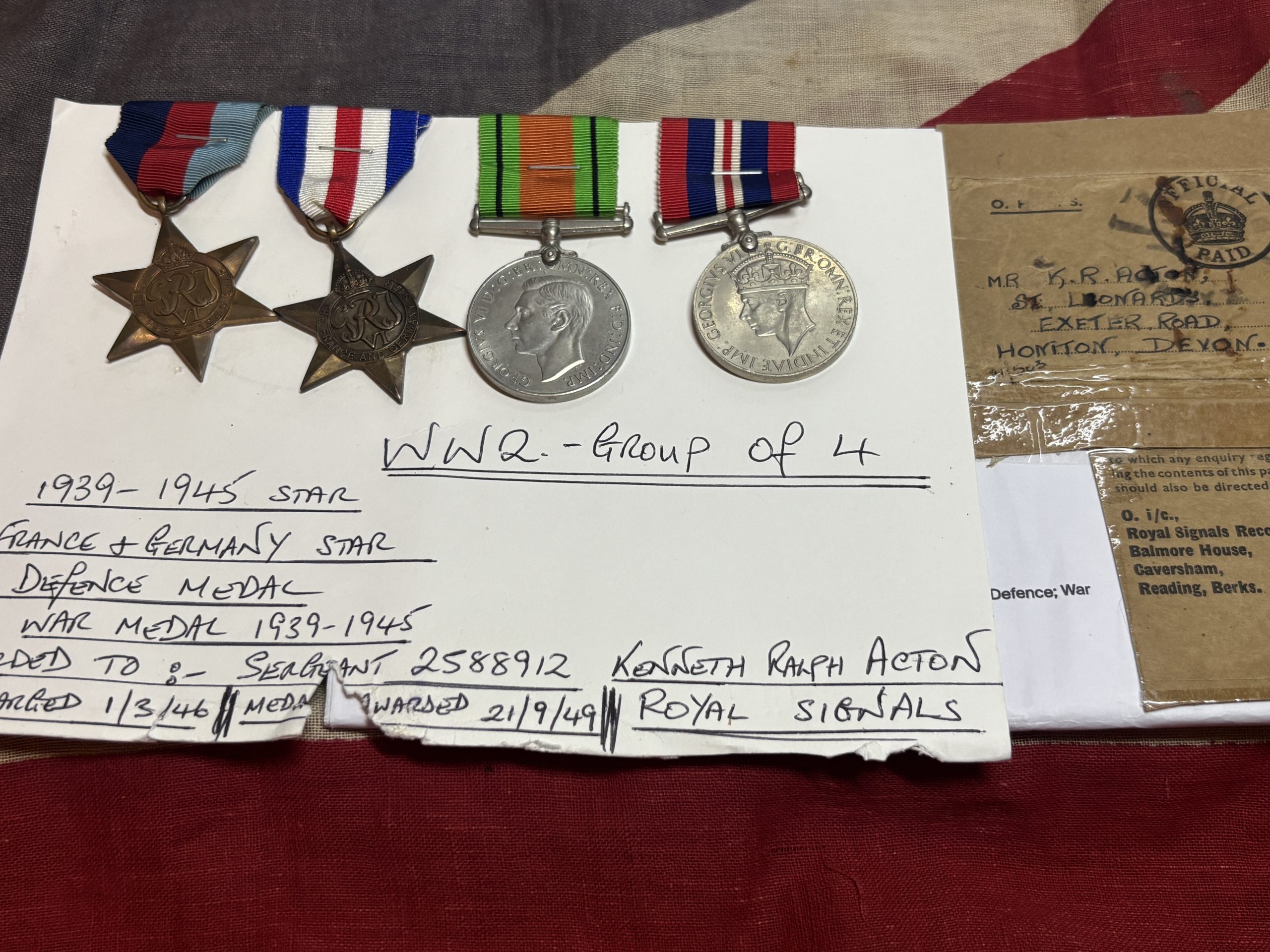 WWII grouping of 4. Acton. Royal Signals. West Ham/Honiton, Devon.